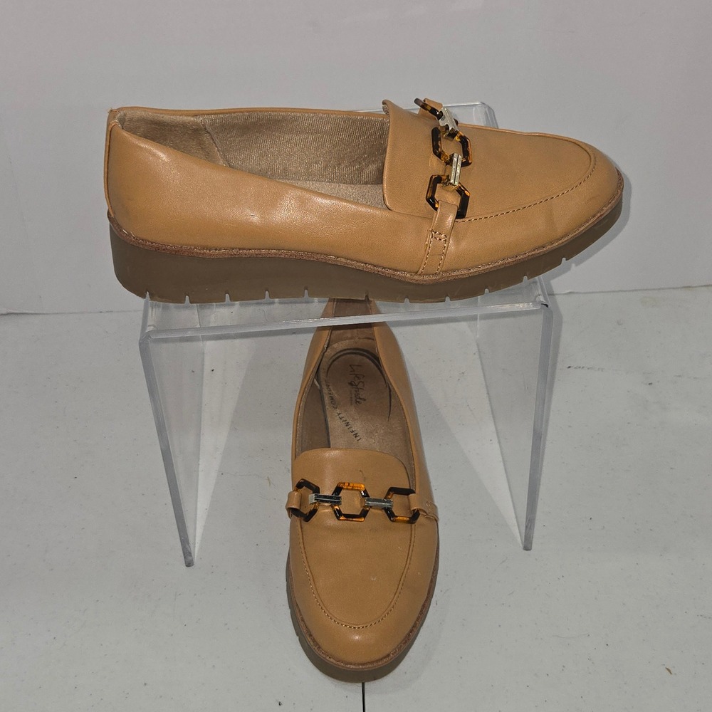 LifeStride Optimist Tan Loafers Chain Detail Comfort Shoes Womens 9M AC946